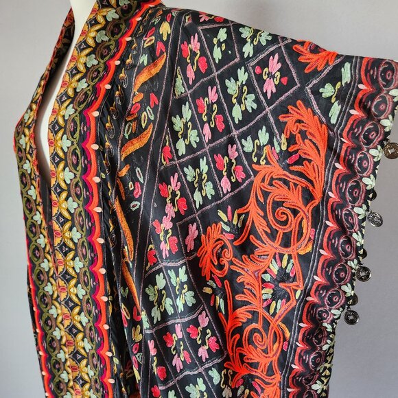 Hemant & Nandita Silk Embroidered Coin Fringe Boho Kimono Cover-Up Multicolor - Picture 5 of 15